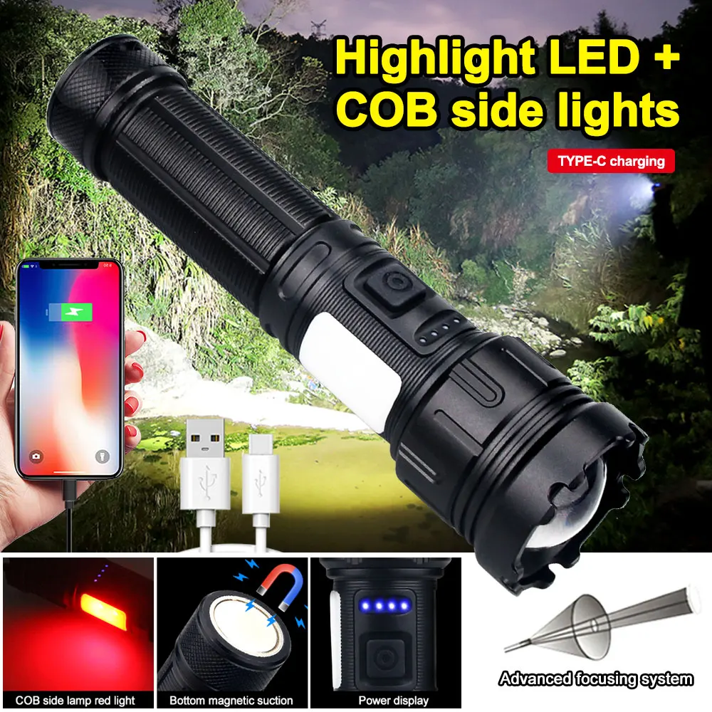 

2500lm Tactical Powerful LED Flashlight Zoom Hunting Torch USB Type-C Charging Red / White Light Powerful Flash Lamp For Camping