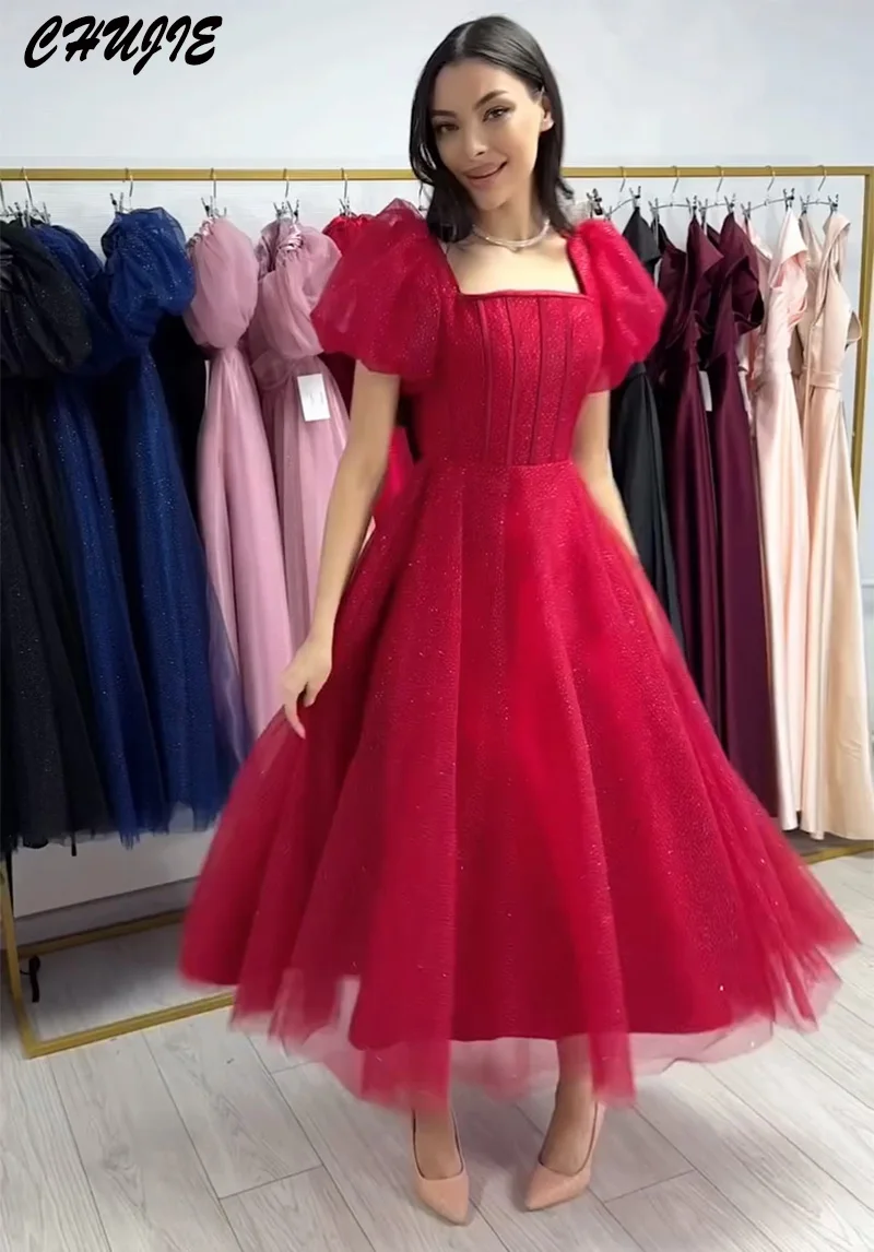 

Блестящее Тюлевое платье для выпускного вечера Милая с короткими пышными рукавами Вечерние платья по индивидуальному заказу A Line Tea Length Party Dresses robe soirée