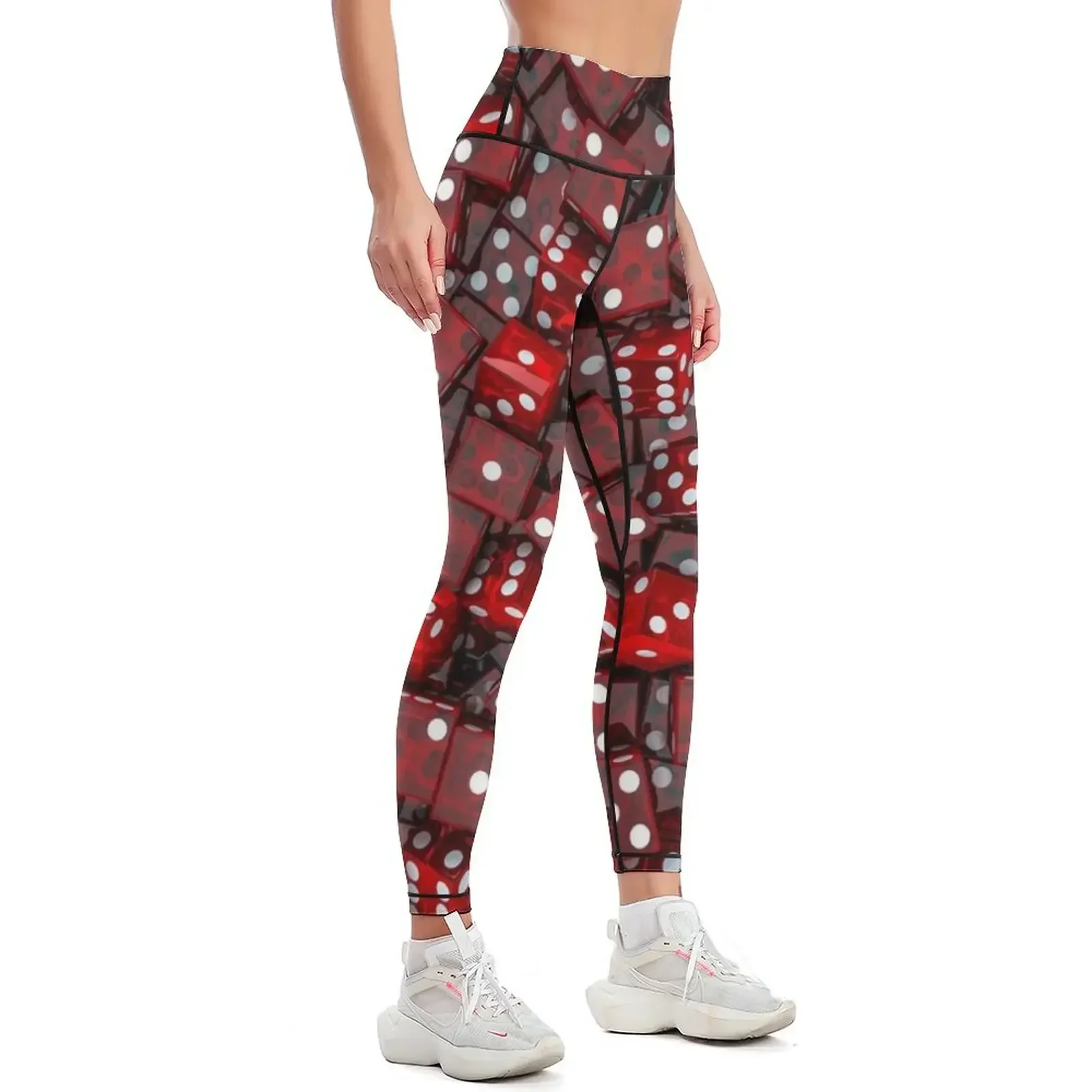 Legginsy damskie z nadrukiem czerwonych kostek do gry, model push-up, z wysokim stanem, modelujące pośladki, odzież fitness, legginsy damskie.