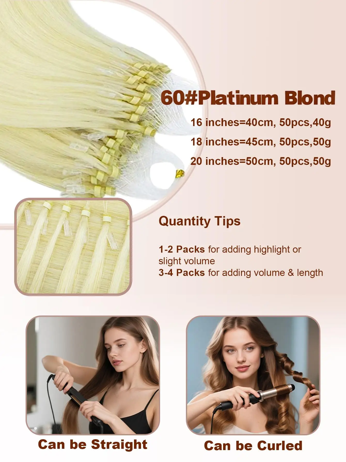 Micro Loop Ring Hair Extensions Real Human Hair 50pcs Micro Link Remy Hair 16-20 Inch Platinum Blond Micro Bead Hair extension