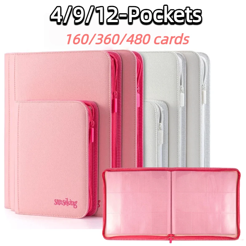 Sanseking Double-Sided Zipper Card Binder PU Leather Photo Album 4/9/12 Pocket for Pokemon Yu-Gi-Oh White Pink