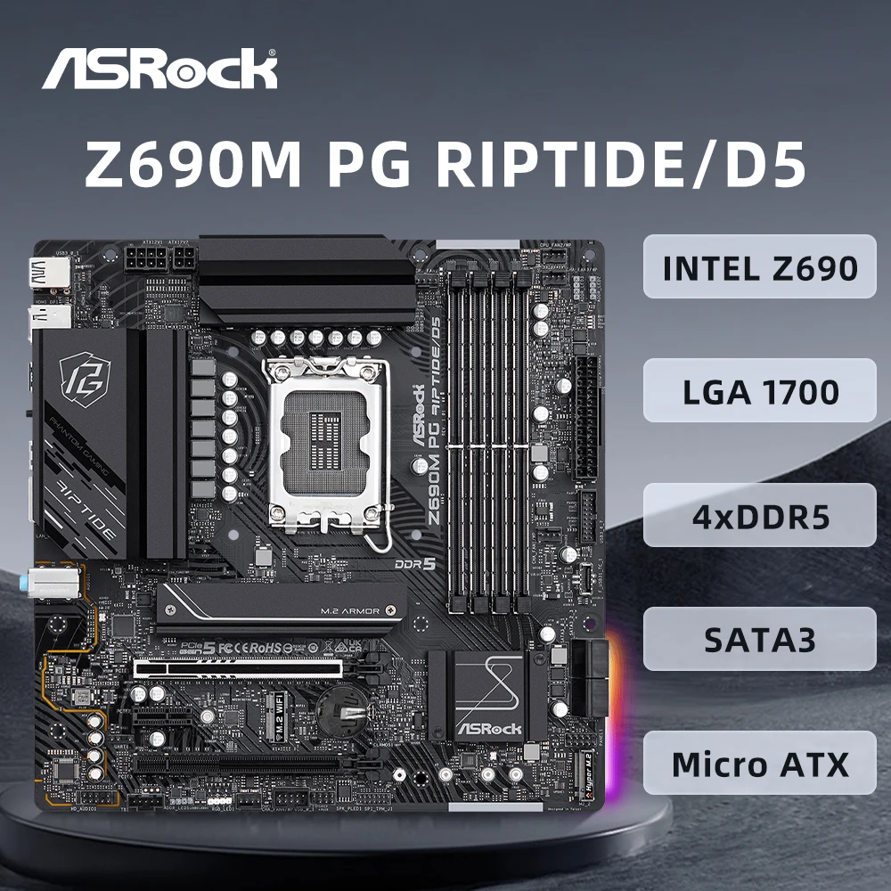 ASRock Z690M PG RIPTIDE/D5 Motherboard Support Socket LGA1700 i9-14900K i7-12700K i5-12400F CPU 4xDDR5 USB3.2 Gen2  PCIe 5.0 ATX