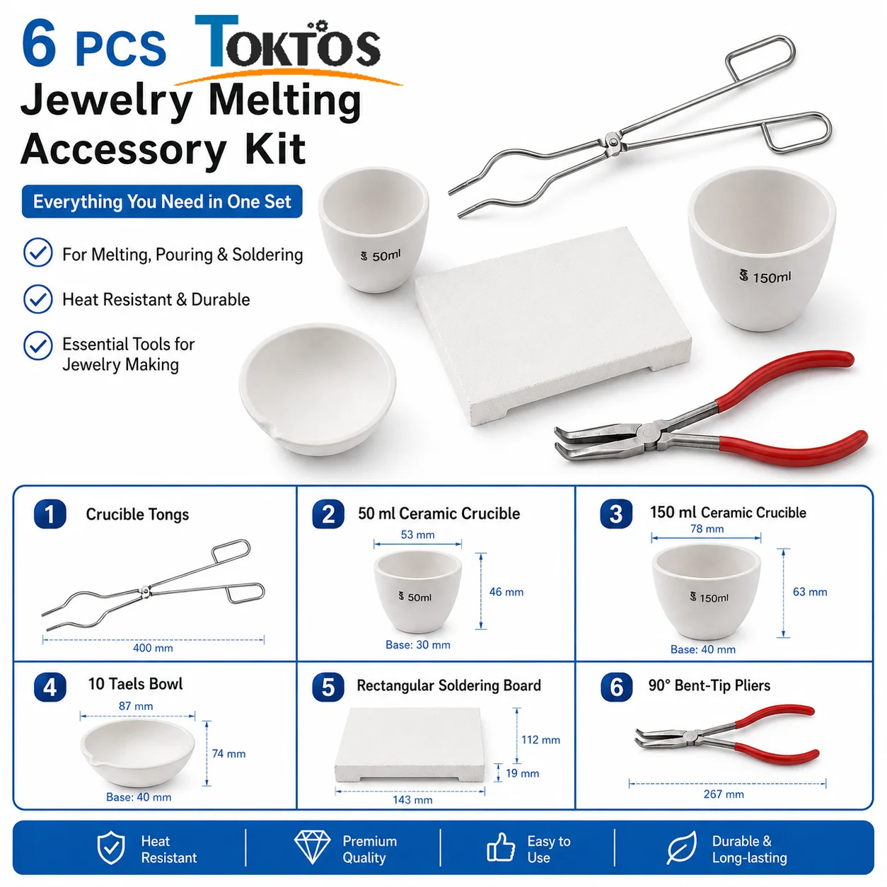 TOKTOS 6PCS Jewelry Melting Kit 50ml 150ml Crucibles Tongs Pouring Dish Soldering Board Bent Tip Pliers for Gold Silver Casting