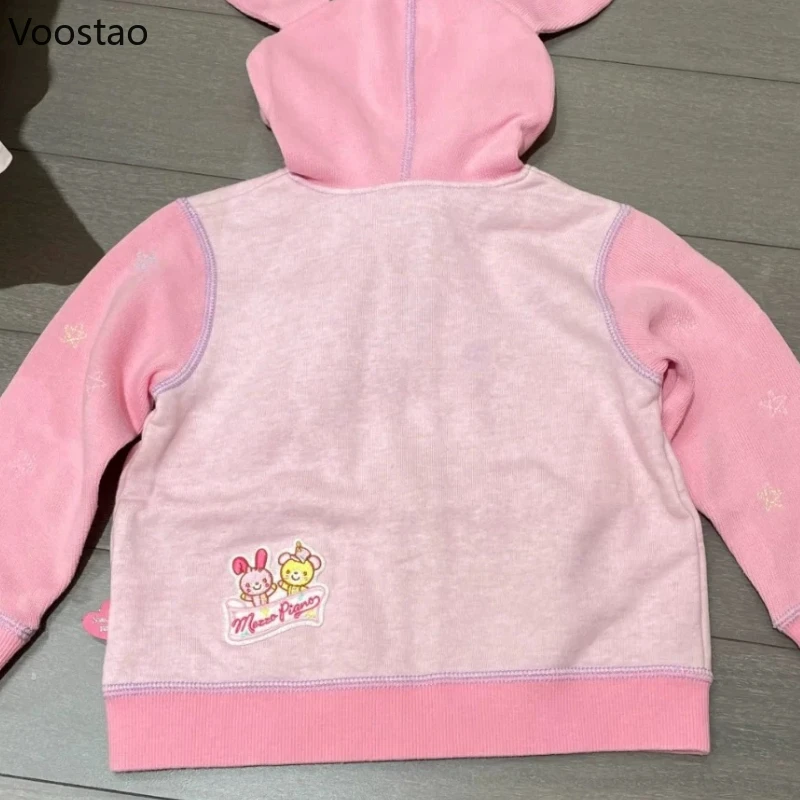 Japanese Sweet Lolita Style Zipper Hoodies Women Kawaii Cartoon Embroidery Bunny Hooded Sweatshirt Autumn Winter Warm Coat Tops