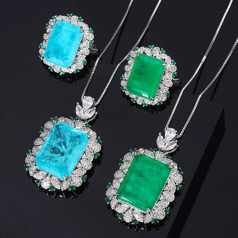 

Elegant Adjustable Rectangle Gemstone Ring Pendant Necklace Green and Blue Stones Perfect for Special Occasions Women Jewelry