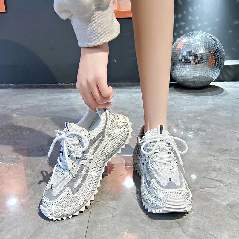 6.5CM Women Luxury Platform Sneakers Bling Casual Outdoor Shoes High Quality Running Tennis Sneakers Lace Up Fashion Sport Shoes