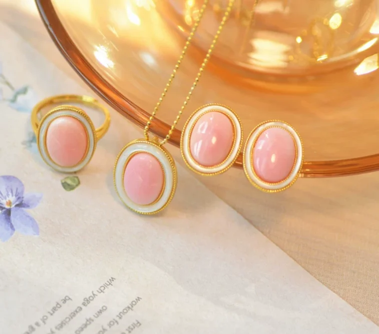 Charming natural pink conch pearl pendant ring earring