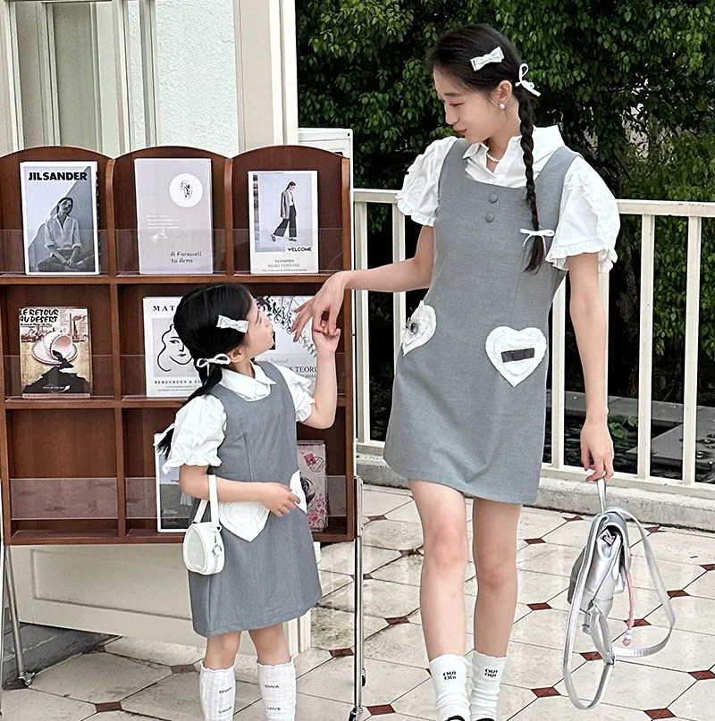 Mommy and Daughter Equal Outfits Summer Mother Baby Girls Matching White Short Sleeve Blouse and Sleeve Dress Sets Women Dresses