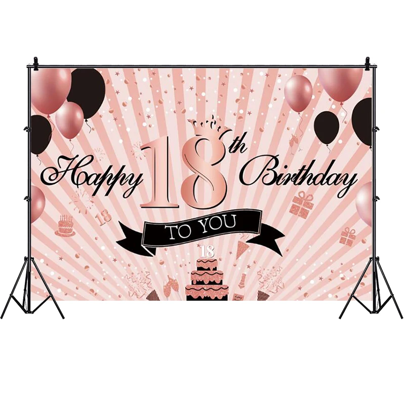 Pink 18th Photo Backdrop Eighteen Girls Happy Birthday Party Balloon Young Photograph Background Banner Decoration Prop