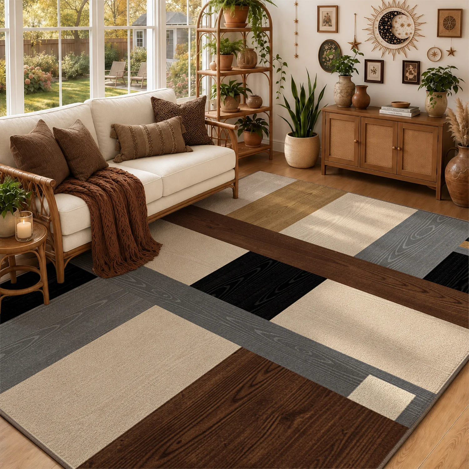 Modern Wood Grain Geometric Area Rug, Velvet Machine Washable Floor Mat, Ideal for Living Room, Bedroom, Dining Room, Entryway, Great for Halloween, Thanksgiving, Black Friday, Christmas, New Year Home Decor