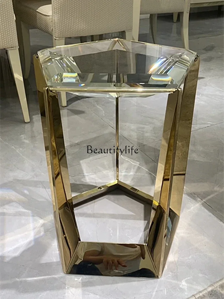 

01American light luxury stainless steel titanium crystal diamond sofa side living room decorative table