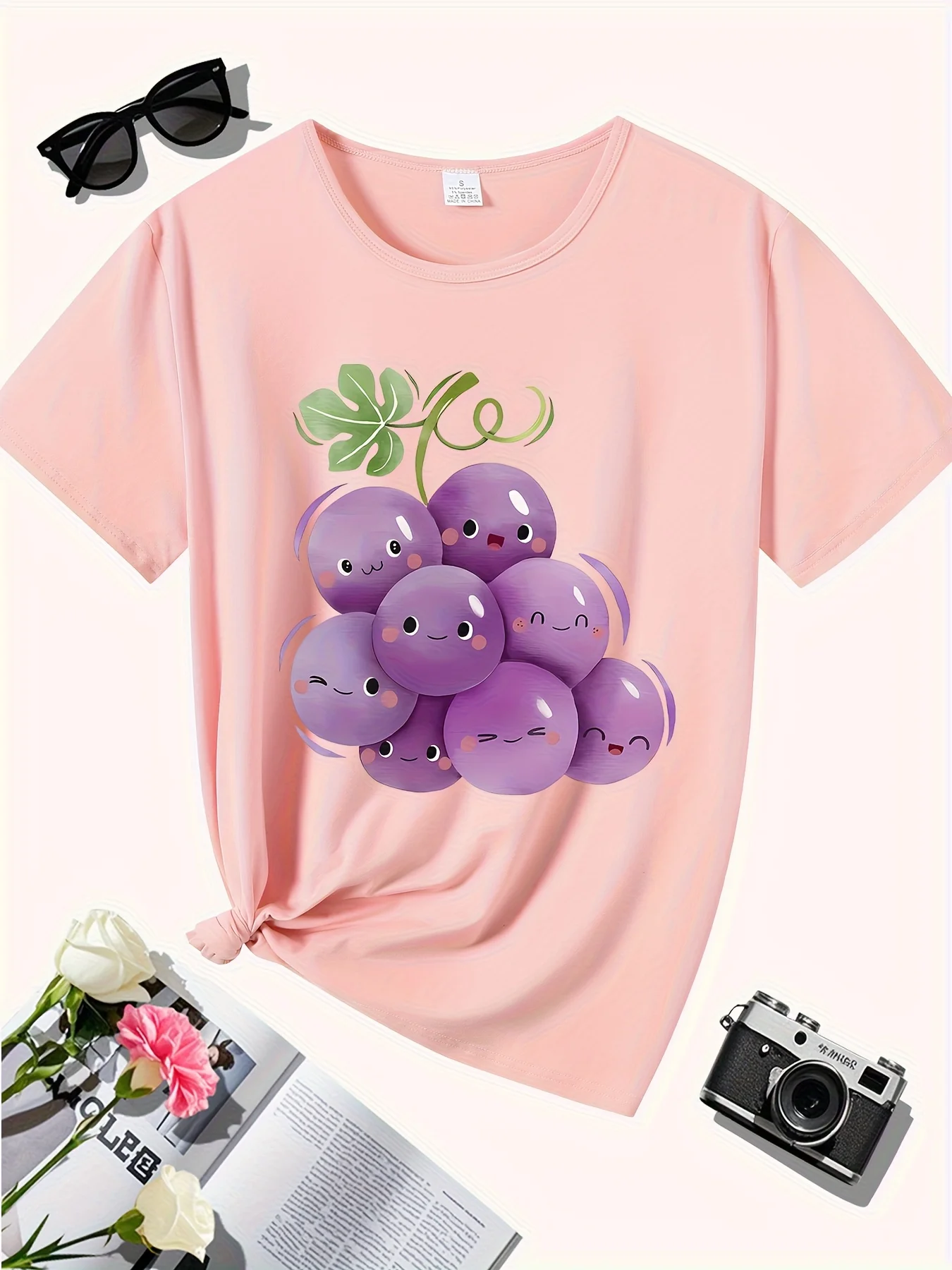 Cute Cartoon Grape Print Playful [Recommended] Round Neck Short Sleeved Fashionable Sports T-shirt Women's Short Sleeved Top