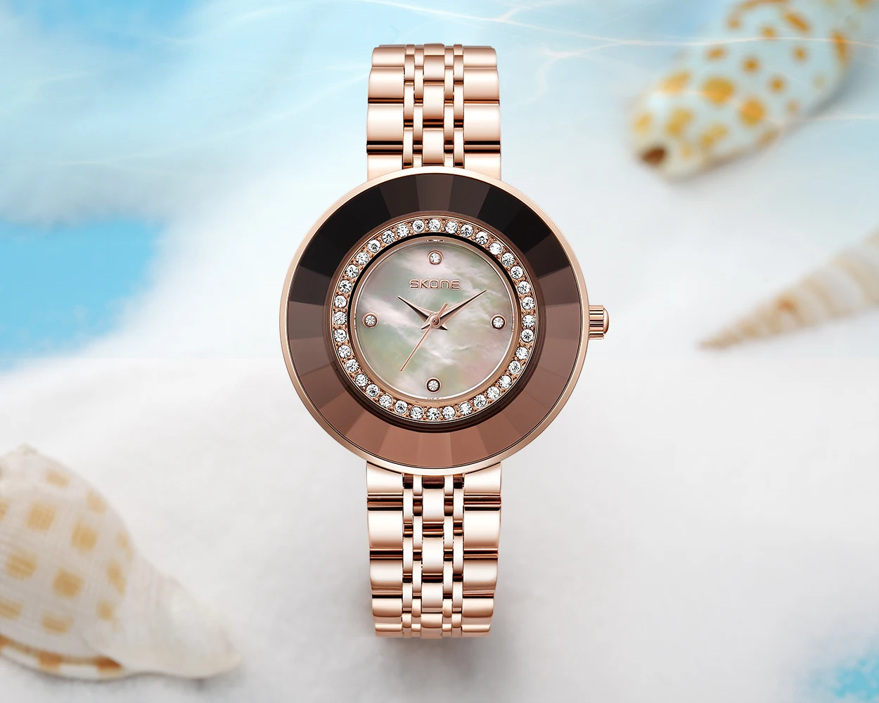 SKONE moda casual diamantes de imitación de cuarzo para mujer nicho simple estudiante moda tira de acero reloj de cuarzo para mujer