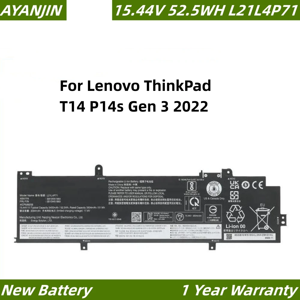 

L21C4P71 L21L4P71 Laptop Battery For Lenovo ThinkPad T14 P14s Gen 3 2022 L21D4P71 L21M4P71 L21M4P72 SB10W51967 15.44V 52.5WH