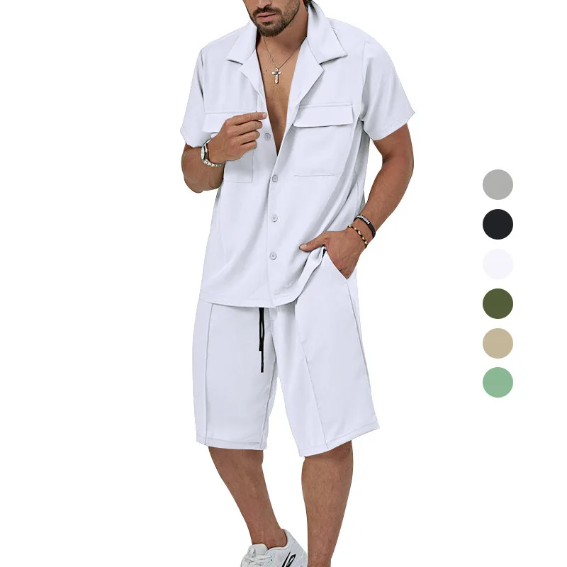 

Summer New Men's Casual irt orts Two-Piece Set Cotton Blend Fabric ort Sve Flip Collar Leisure Sports Outfit
