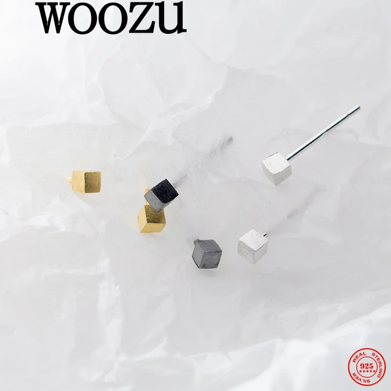 

WOOZU 925 Sterling Silver Girls Mini Square Frosted Piercing Earrings for Women Minimalist Geometric Hundred Jewelry Accessories