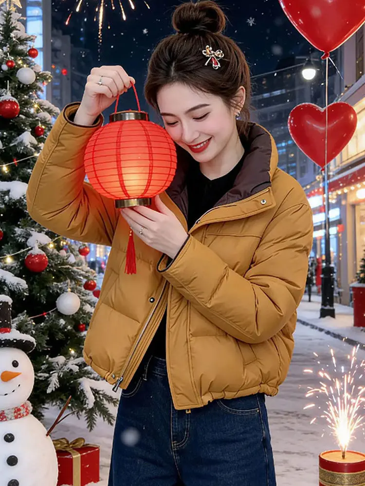 

Fashionable Patchwork Cotton Jacket Warm Stylish Versatile Korean Style Long Sleeve round Neck Single Button Closure Pure Color