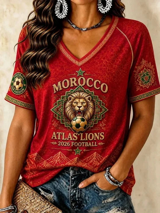 

Morocco Football Fan T-shirt Sleeved Breathable Quick Drying Street Wear Casual Football Shirt Fashionable FamilyMatching
