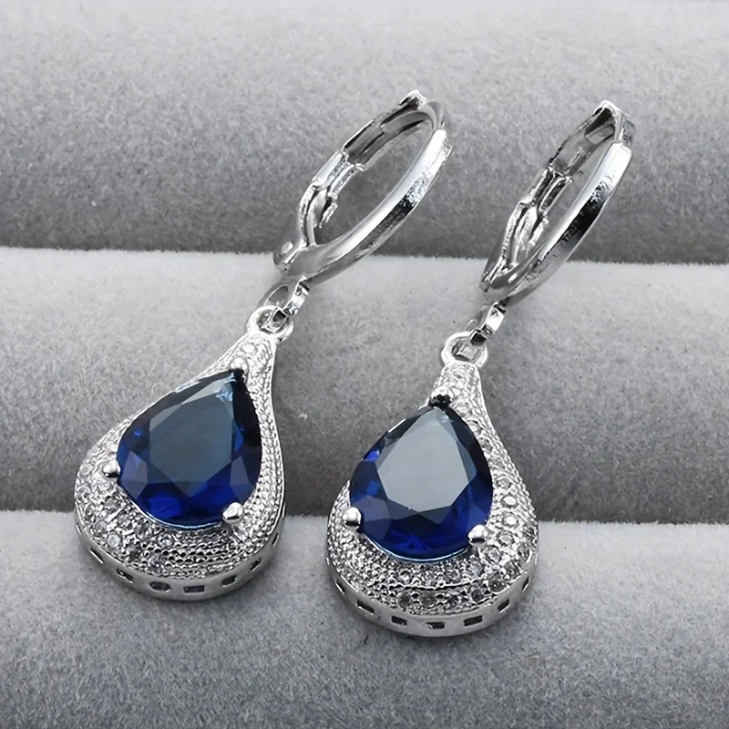 Silver Earrings Pear Shaped Deep Blue Color Inlaid Synthetic Zircon Miniature Crystal Halo Pendant Wedding Party Women's Jewelry