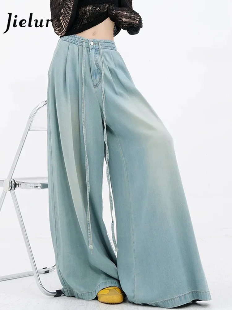 Blaue klassische Kordel zug hohe Taille weibliche Hose mit weitem Bein Sommer Vintage Mode in voller Länge gewaschen einfache gerade Frauen Jeans