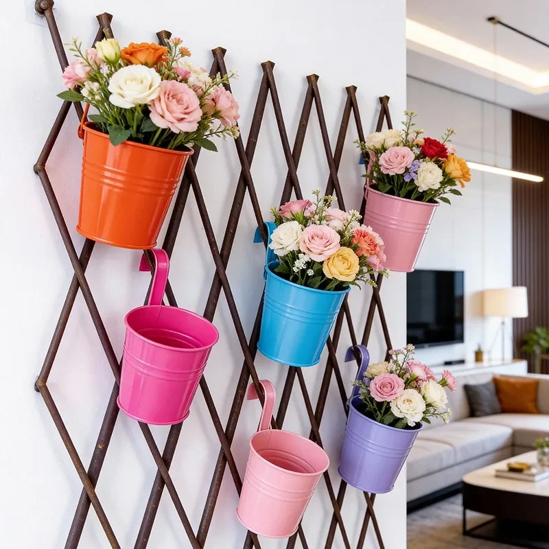 4 Colors Random Delivery Metal Hanging Flower Pot, Small Perforated Planter, Separate Hook & Bucket for Balcony Garden Succulent