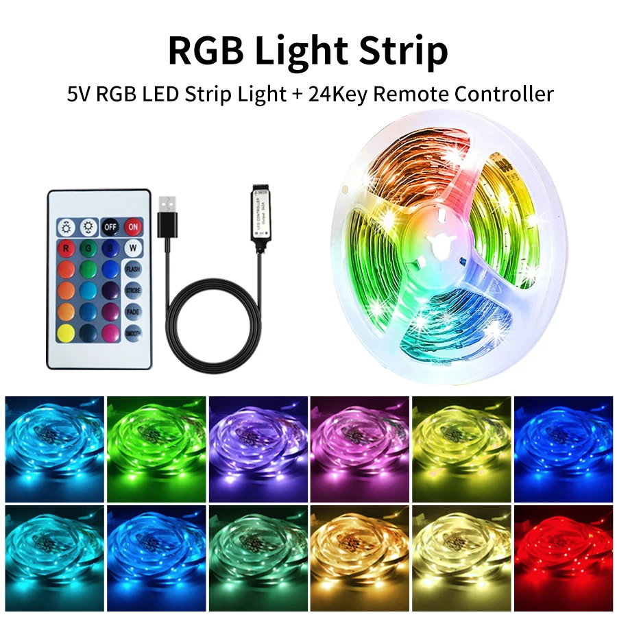 

USB 5V RGB LED Strip Light with IR 24 Key Remote Controller Flexible LED Tape Ribbon 5050SMD 30/60 LEDs/M Room Decor Backlight