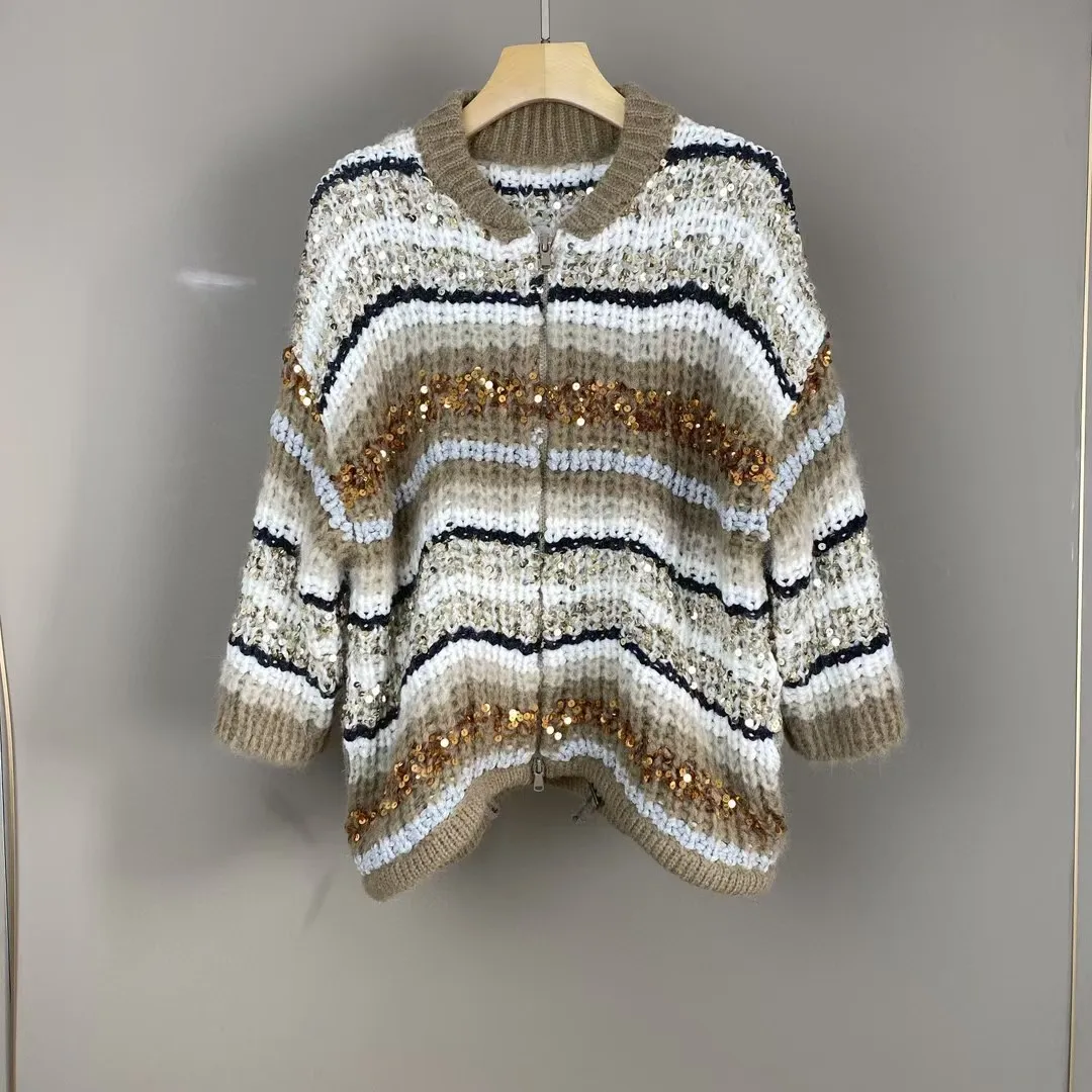 Heavy Sequin Women's Striped Knitted Cardigan Spring 2025 Mohair Wool Blend O-Neck Long Sleeve Fashion Ladies Sweater