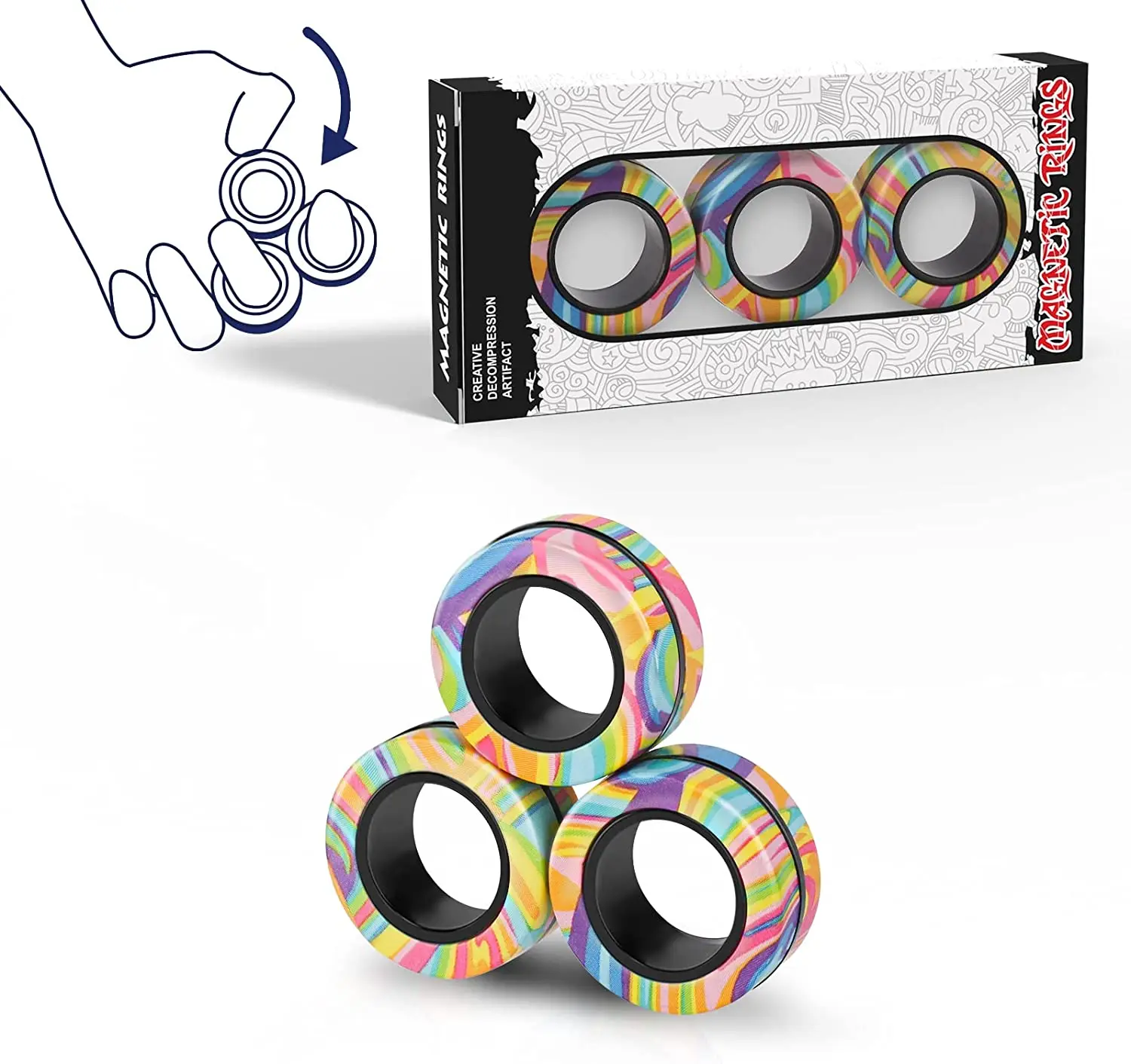 3pcs Fidget Toy Set Finger Magnetic Rings Colorful Adult Magnets Spinner Rings for Relieve Stress Anxiety Relief Therapy
