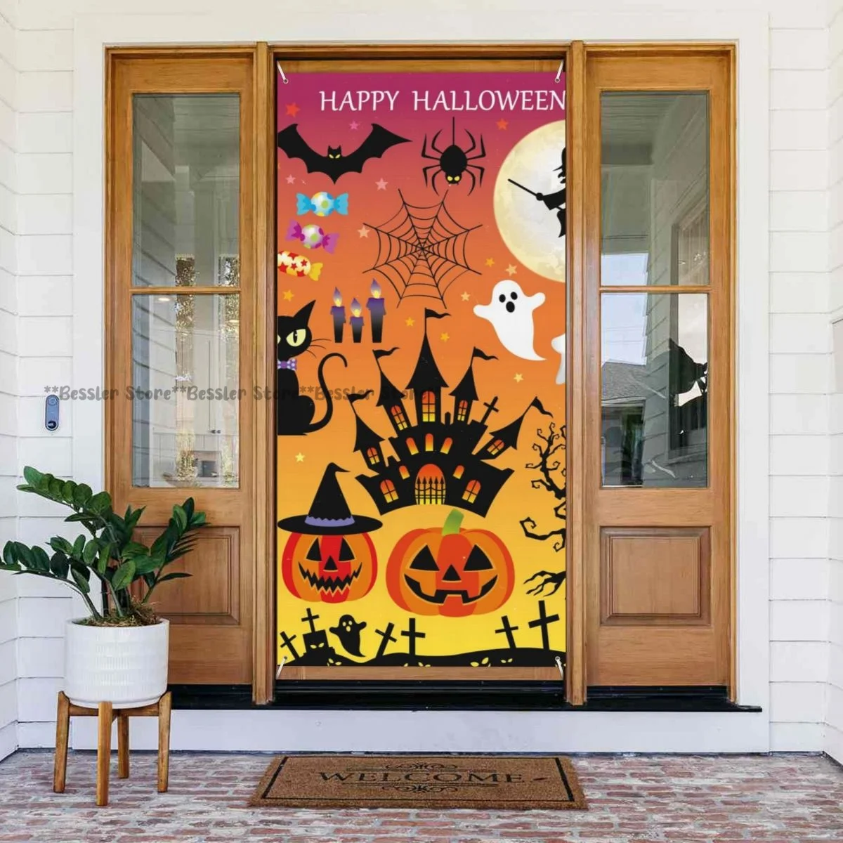 Halloween Illustrations Door Decoration Banner Door Cover Photo Props for Party Supplies