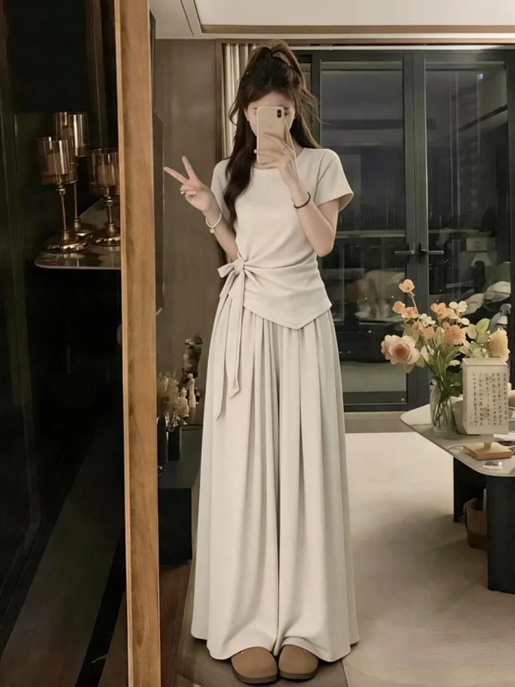 

plus Size Summer Casual Short Sleeve Top And High Waist Skirt Pants Two Piece Set Women's Fashion Slimming Elastic Waist