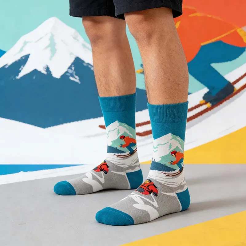 1 Pair Ski Pattern Mid-Calf Socks for Men Trendy Outdoor Style Casual Contrast Color Socks