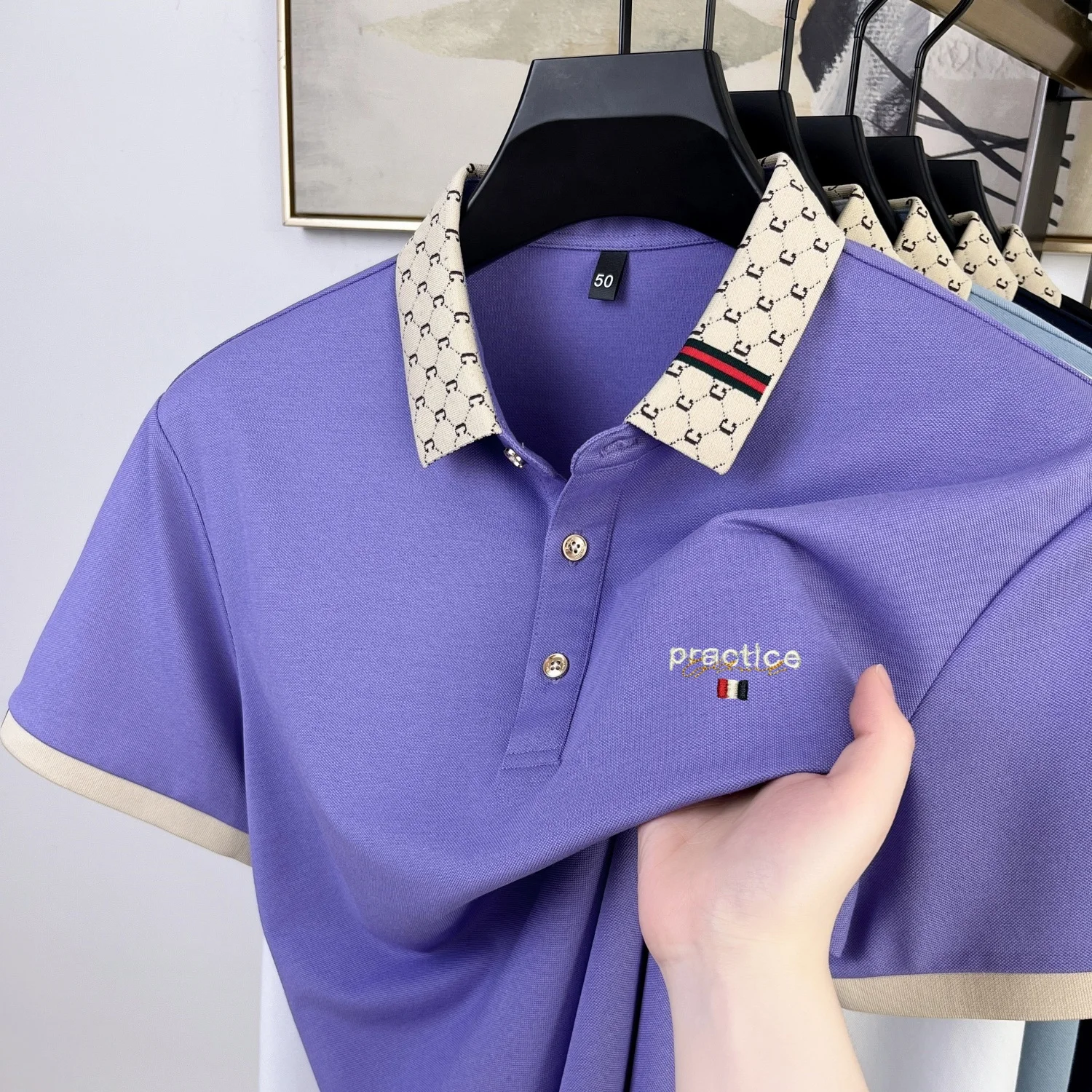 Summer Men's Embroidered Polo Shirt with Jacquard Lapel and Mulberry Silk Breathable Business Daily Casual Short-Sleeved T-Shirt