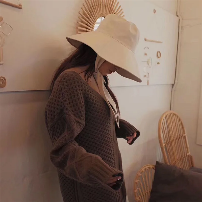 Summer Spring Japan Tie Bucket Hat Women Korean Big Brim Fisherman Hat Foldable Sunscreen Chic Cotton Linen Beach Sun Hat