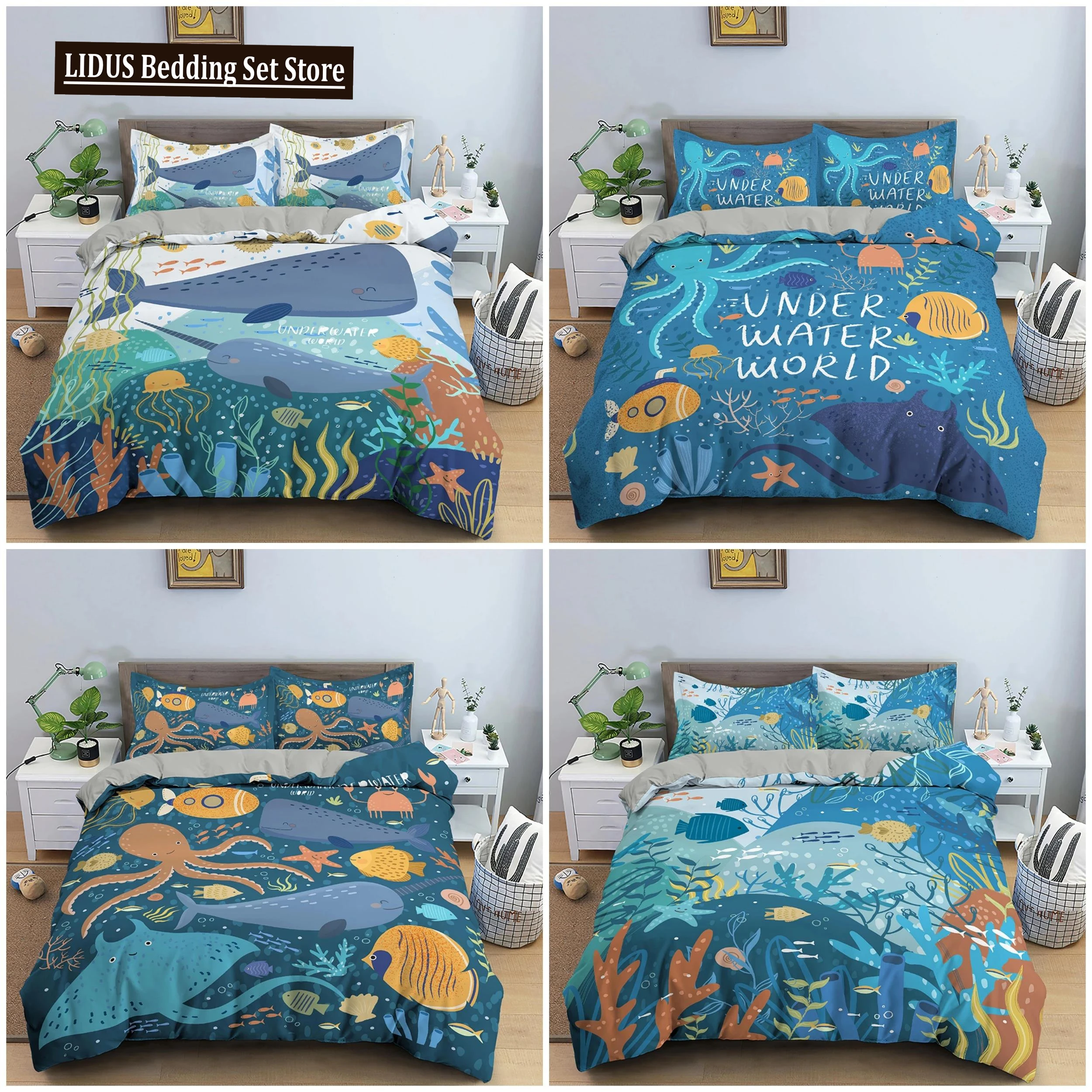 

Cartoon Pattern Bedding Set Sea Animals Duvet Cover Set Underwater World Quilt Cover With Pillowcase Home Textile For Kids