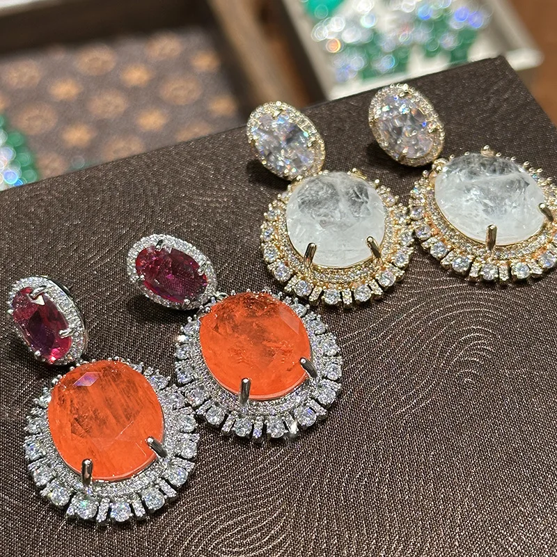 

Big Round Drop Earrings for Women Luxury Jewelry Shiny Zircon Wedding Bridal Dinner Party Green Orange White Dangle Earrings