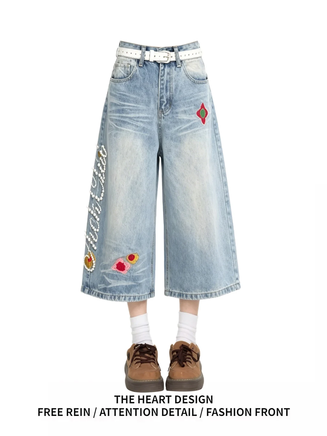 

Retro American Embroidered Beaded Jeans High Waist Wide Leg Short Pants Women Spring Summer Design Sense Washed Loose Trousers