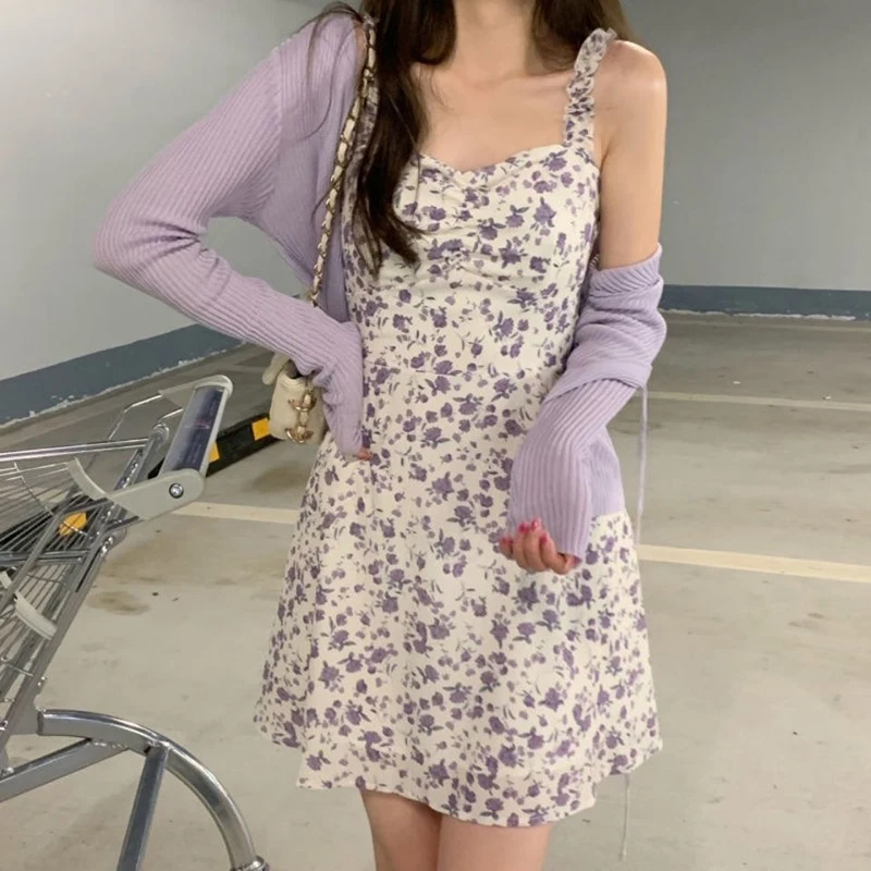 2024 Summer Purple Two-piece Sets Dress for Women Floral Slip Mini Dress+Sunscreen Shawl Cardigan Woman 2022 New Sundress