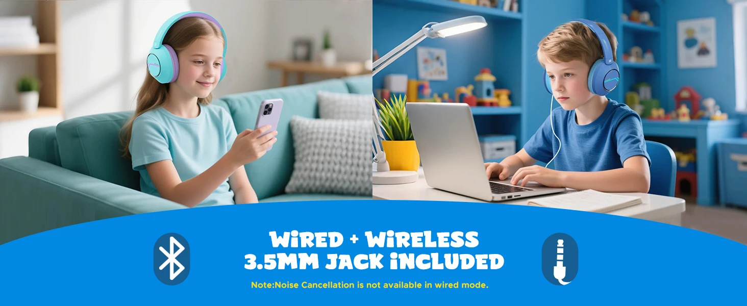 Kabellose Bluetooth-Kopfhörer für Kinder, aktive Geräuschunterdrückung, sichere Lautstärke, faltbares Headset mit Mikrofon für Kinder und Teenager – Detail 1