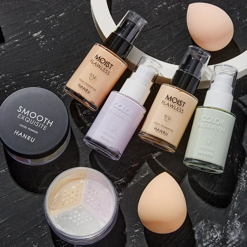 

face base make up set 4pcs beginner female concealer foundation Natural/Ivory isolation loose powder puff makeup set