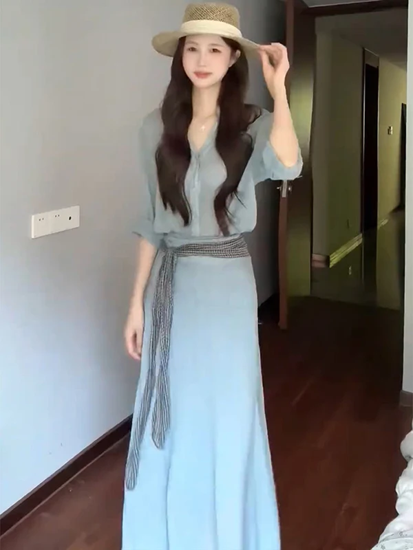 

Fashionable Casual Spring Summer 2026 Women's Two-Piece Set High Waist Midi Skirt Elegant Atmosphere Ensemble Spring Commute ...