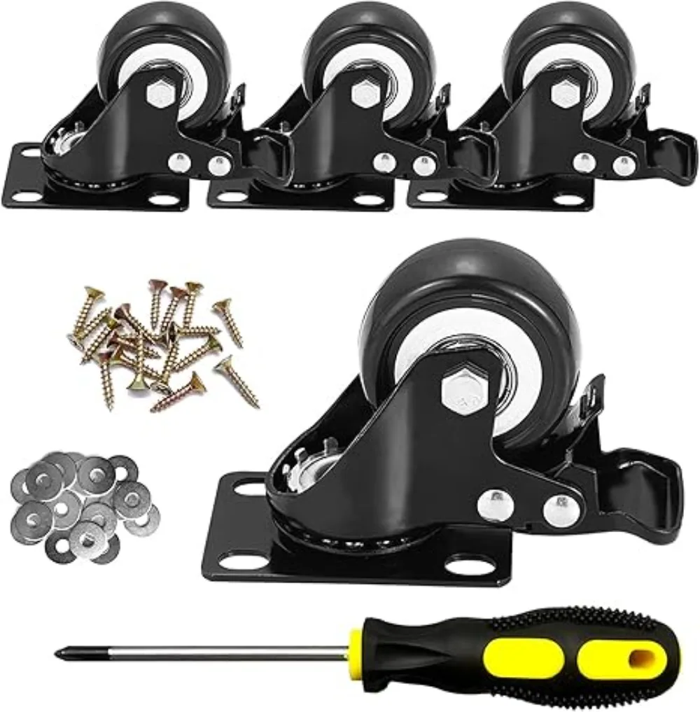 4pcs 1.5 Inches 2inch Heavy Duty 180kg Black Swivel Castor Wheels Trolley Furniture Caster Rubber Flat Brake Gold Drill Caster