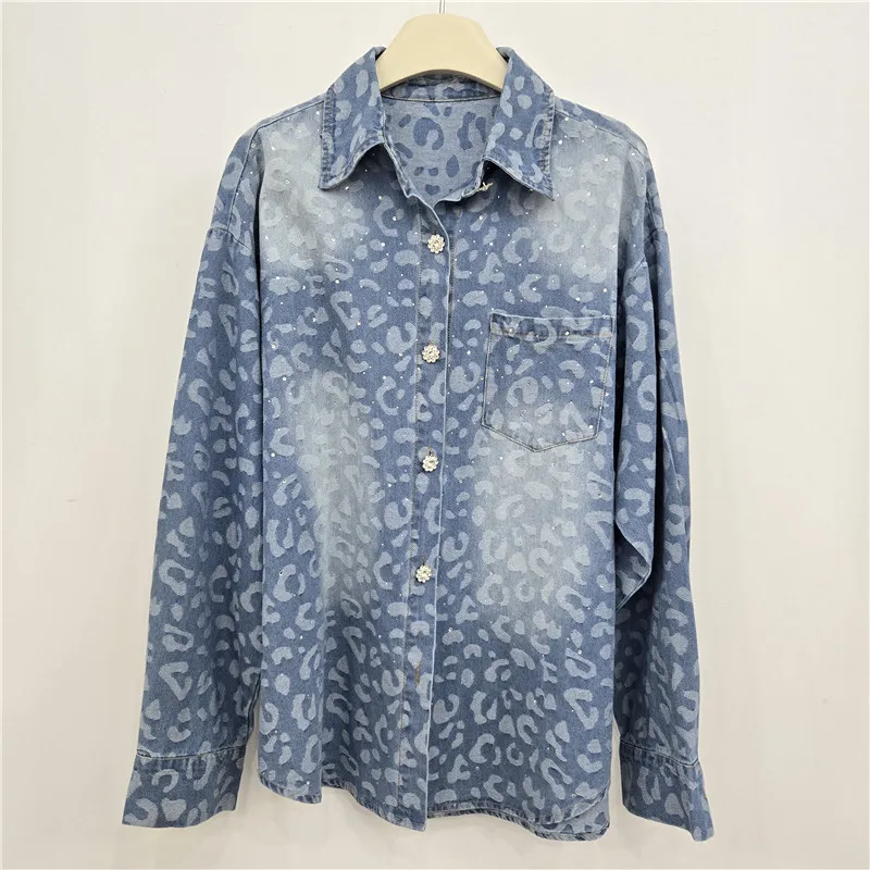 

SuperAen Women's Spring and Autumn New Korean Style Diamond Loose Shirt Lapel Collar Single Breasted Design Print Casual Shirts