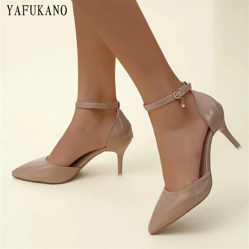 Nude Patent Leather Pointed Toe Ankle Strap Pumps 2024 Summer New Stiletto Mid Hollow Womens Sandals Sexy Party Dress Shoes