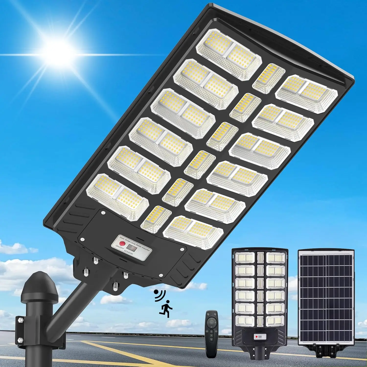 

8000W Solar Street Lights Outdoor - Waterproof LED Motion Sensor, 7000K Dusk to Dawn, Heavy Duty for Yard, Parking Lot