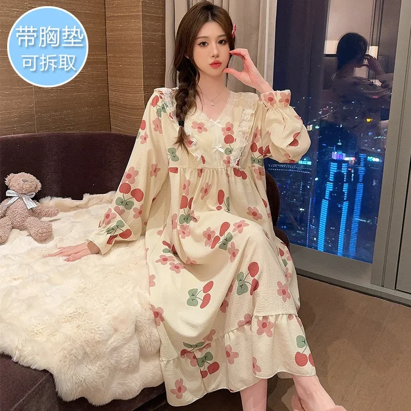 150Kg Large Size Sweet Nightgown with Chest Pads Women Autumn Spring Long-sleeved Pajamas Loose Fattened Loungewear Sleep Dress