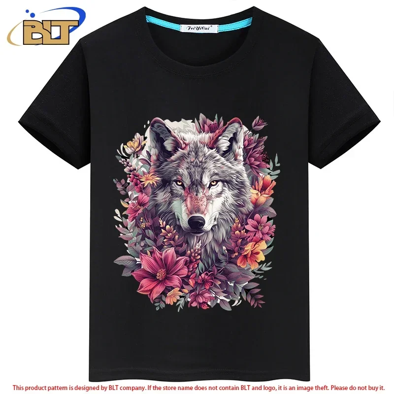 

Wolf Print Children's Clothing Casual Children's Short-sleeved Summer T-shirt Black Sports Top for Boys and Girls