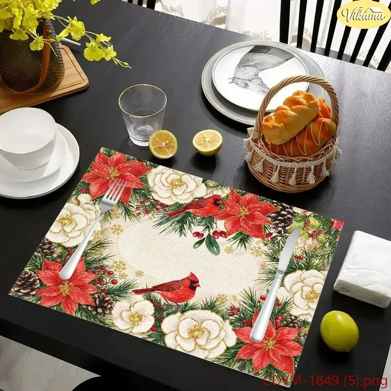 VIKAMA Christmas Placemats, Burgundy Argyle Nutcracker Ballerina Mouse King Design, Washable Winter Holiday Kitchen Mat