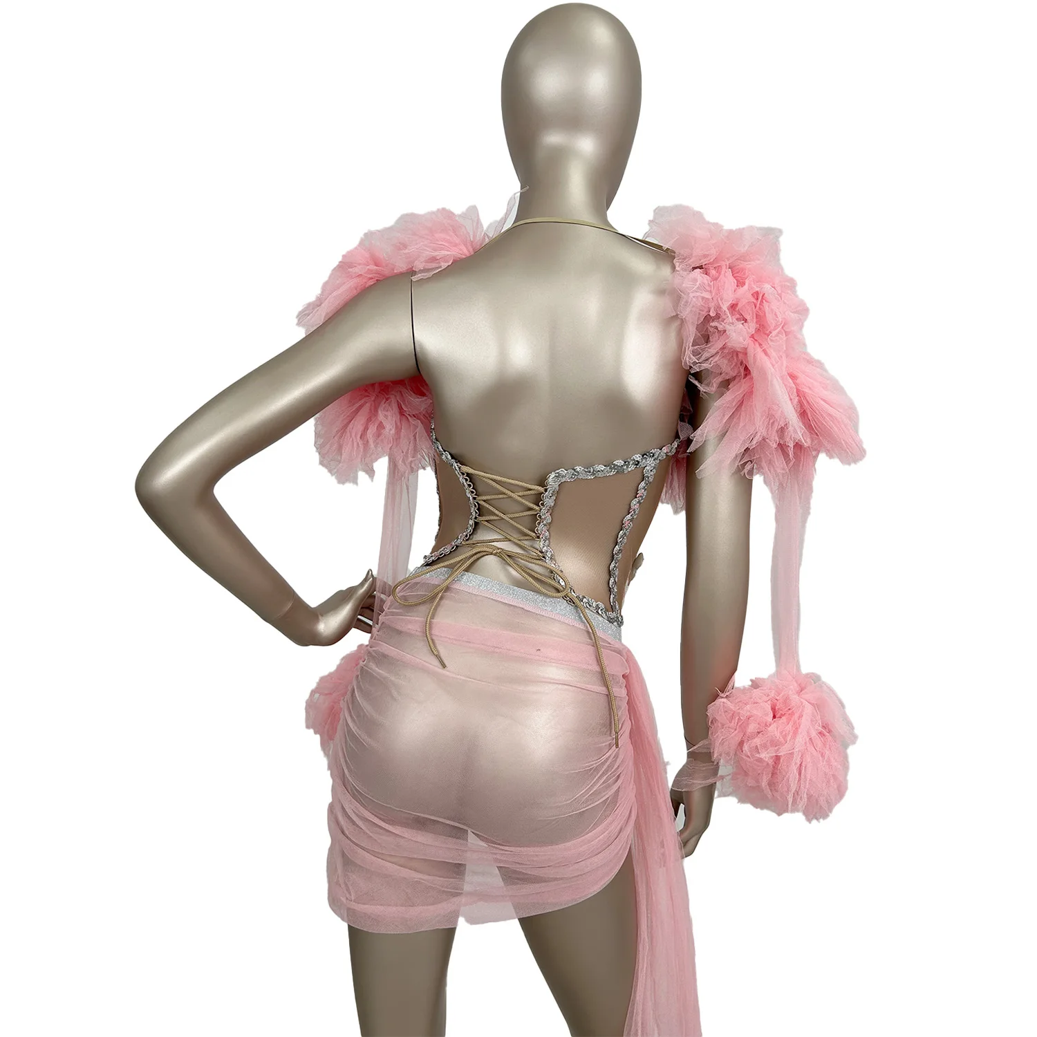 

Sparkly Rhinestone Tops Mini Skirt 2Pieces Set Sexy Girl Party Show Birthday Photo Shoot Wear Sheer Mesh Short Dress Xinshen