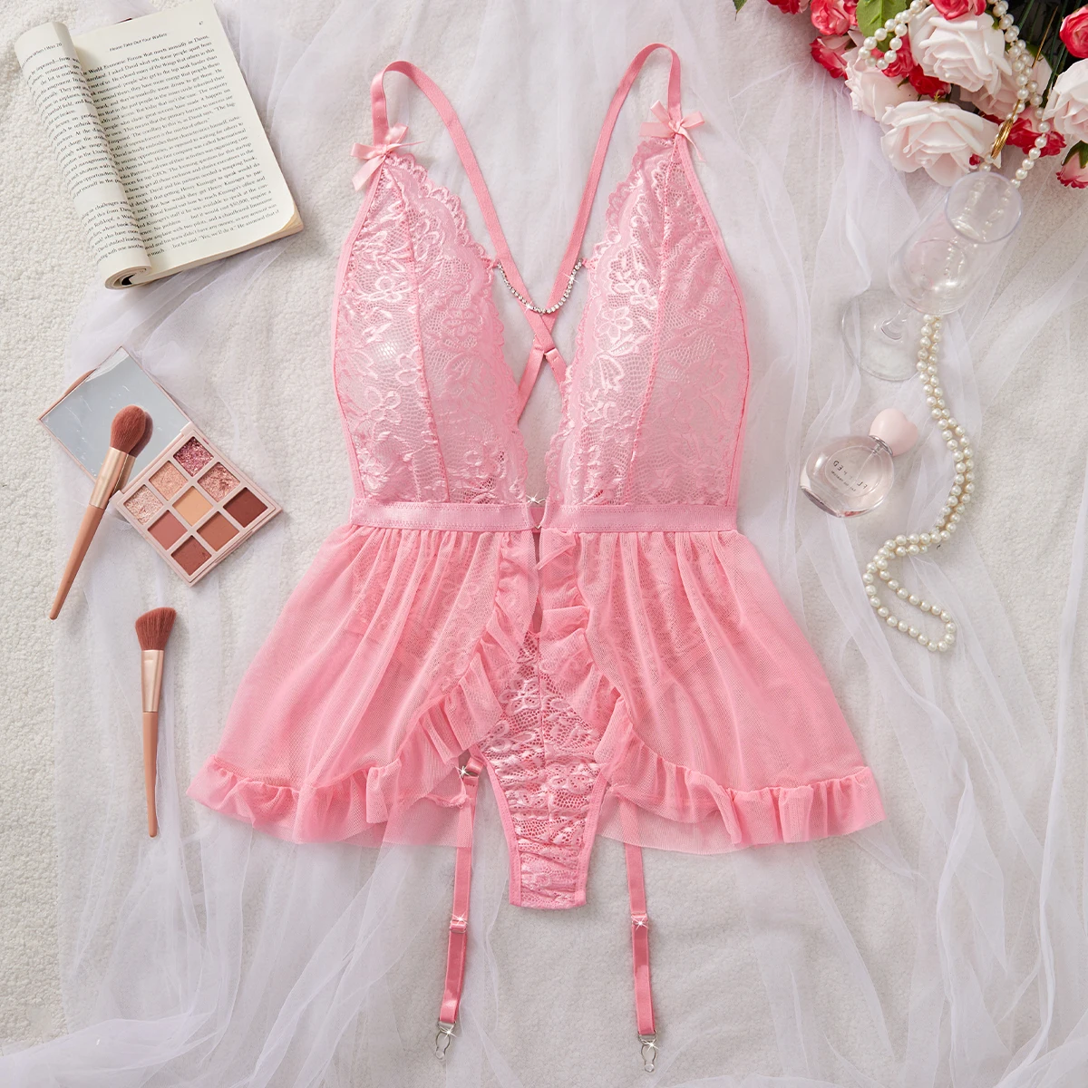 Summer Hot Exotic Style Bow Flower Print Pattern Solid Color Pink Lace Women's Sexy Sleeveless Pajamas Slim Fit Soft Underwear
