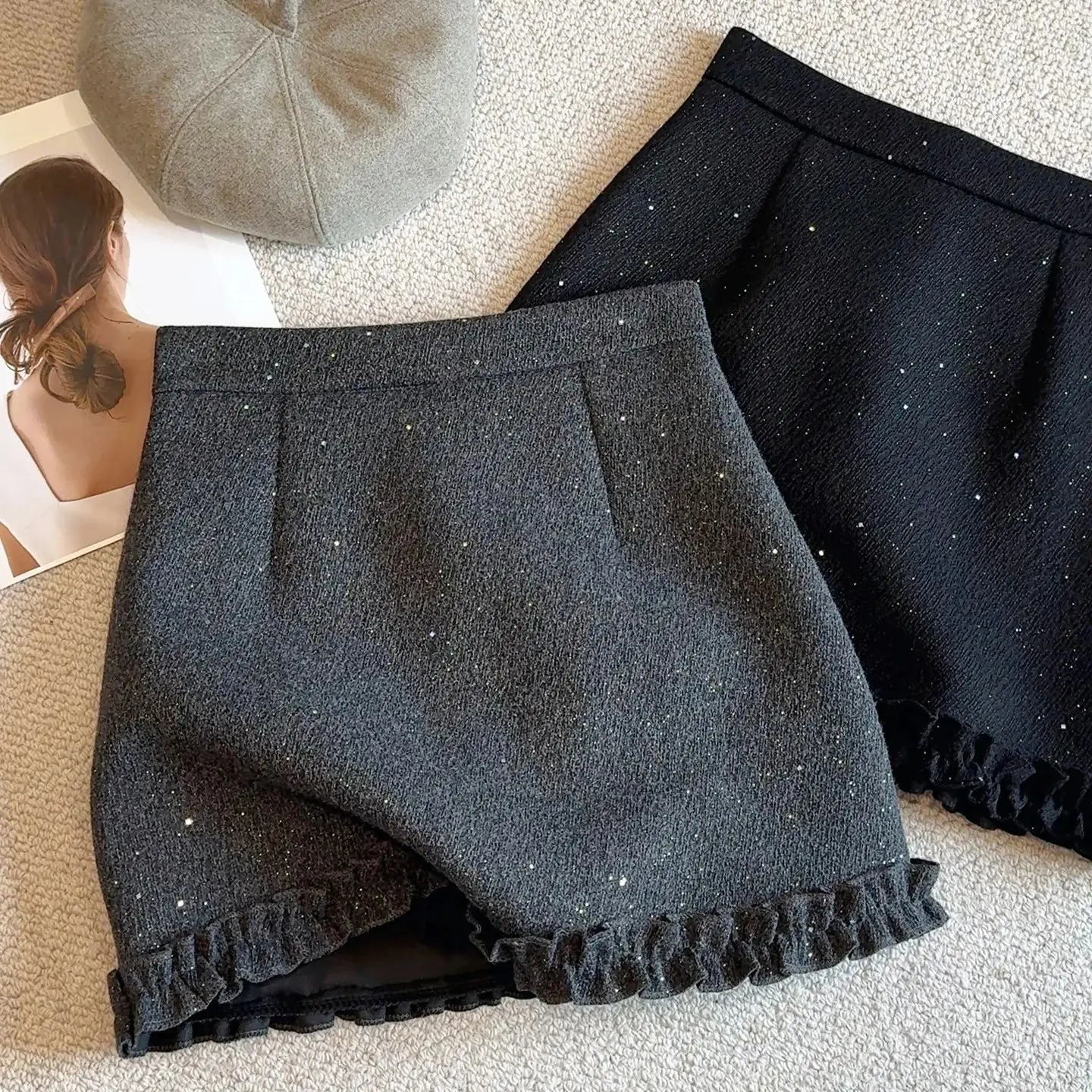 New Fashion Sequin Woolen Mini Skirt Women High Waist Slim Sweet Ruffle Edge Elegant A-line Short Skirts Office Lady Jupe